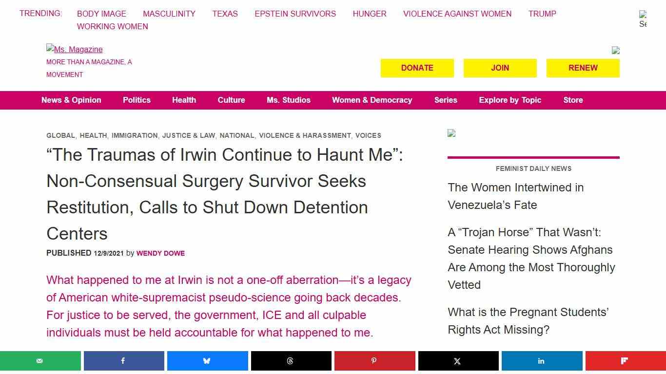 “The Traumas of Irwin Continue to Haunt Me”: Non-Consensual Surgery Survivor Seeks Restitution, Calls to Shut Down Detention Centers - Ms. Magazine